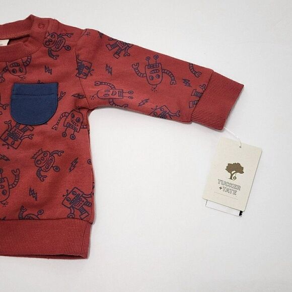 NWT Tucker + Tate 3M - Crewneck Pocket Sweatshirt Red Barn Blue Robots Baby Boys - Picture 3 of 4